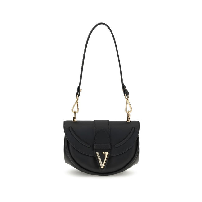 Black Calf Leather Bos Taurus Shoulder BagVersace’s Virtus Small Shoulder Bag embodies elegance and character with its iconic V-shaped accessory engraved with the Versace logo. Equipped with a front flap with magnetic closure, it features an interior smal