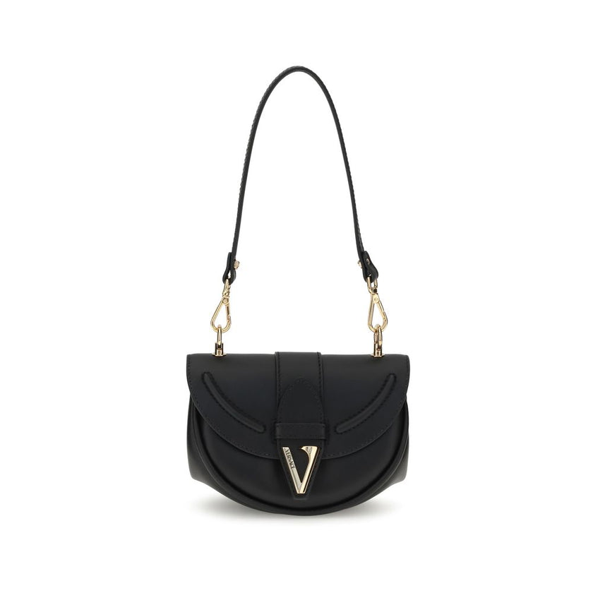 Black Calf Leather Bos Taurus Shoulder BagVersace’s Virtus Small Shoulder Bag embodies elegance and character with its iconic V-shaped accessory engraved with the Versace logo. Equipped with a front flap with magnetic closure, it features an interior smal