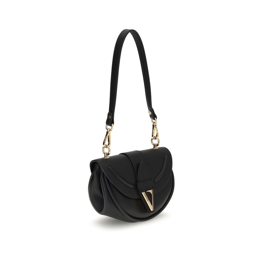 Black Calf Leather Bos Taurus Shoulder BagVersace’s Virtus Small Shoulder Bag embodies elegance and character with its iconic V-shaped accessory engraved with the Versace logo. Equipped with a front flap with magnetic closure, it features an interior smal