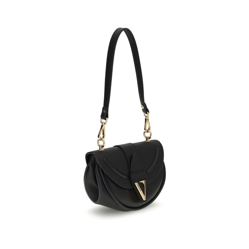 Black Calf Leather Bos Taurus Shoulder BagVersace’s Virtus Small Shoulder Bag embodies elegance and character with its iconic V-shaped accessory engraved with the Versace logo. Equipped with a front flap with magnetic closure, it features an interior smal