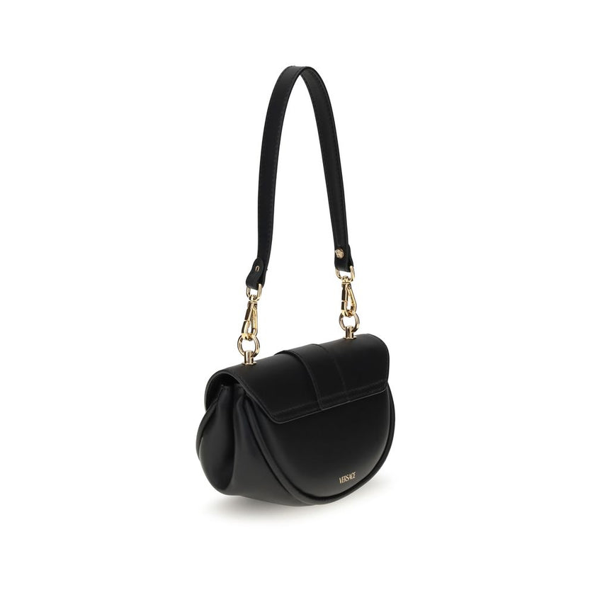 Black Calf Leather Bos Taurus Shoulder BagVersace’s Virtus Small Shoulder Bag embodies elegance and character with its iconic V-shaped accessory engraved with the Versace logo. Equipped with a front flap with magnetic closure, it features an interior smal