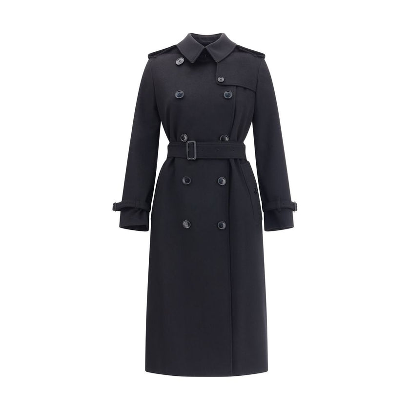 Black Cashmere CoatKensington Coat by Burberry is a timeless classic with impeccable style. It features a double-breasted button closure, hook-and-eye collar, epaulettes and waist belt. Buttoned welt pockets, strappy cuffs and a buttoned back vent complet
