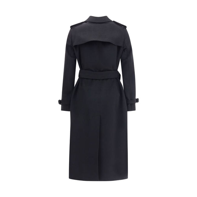 Black Cashmere CoatKensington Coat by Burberry is a timeless classic with impeccable style. It features a double-breasted button closure, hook-and-eye collar, epaulettes and waist belt. Buttoned welt pockets, strappy cuffs and a buttoned back vent complet