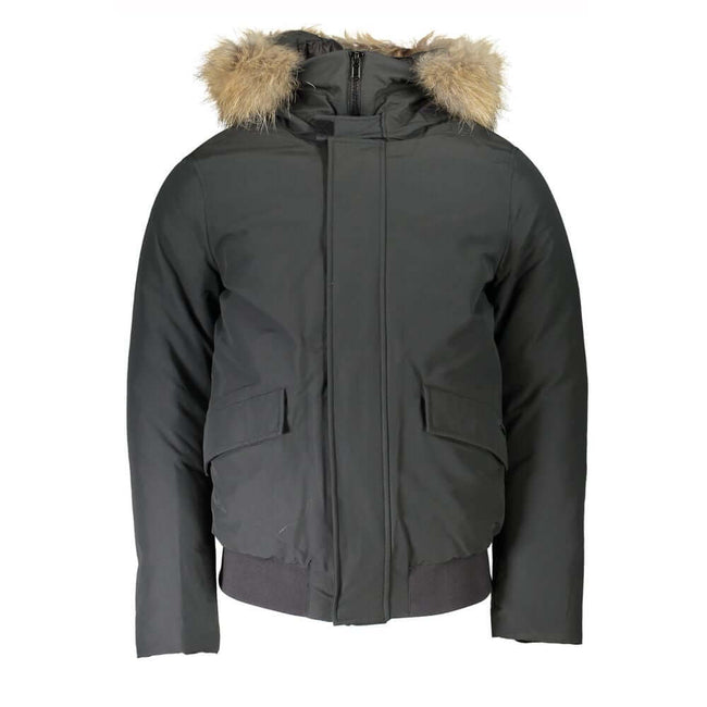 Gray Cotton Men Jacket with Hood and Removable FurElevate your outerwear collection with the Woolrich long-sleeved jacket, where luxury meets utility. Sporting a detachable fur-trimmed hood, this jacket is designed for the fashion-forward individual. Prac