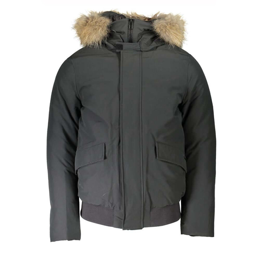 Gray Cotton Men Jacket with Hood and Removable FurElevate your outerwear collection with the Woolrich long-sleeved jacket, where luxury meets utility. Sporting a detachable fur-trimmed hood, this jacket is designed for the fashion-forward individual. Prac