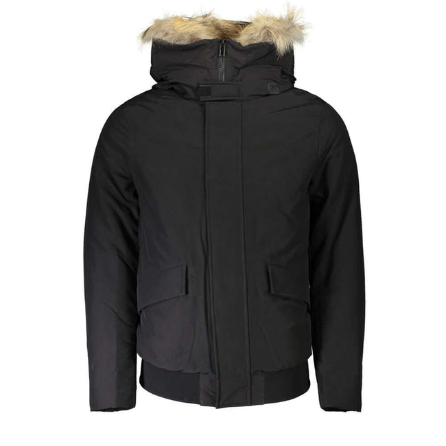 Black Cotton Men JacketExperience the pinnacle of urban sophistication with this luxurious Woolrich long-sleeved jacket. Tailored to perfection, it features a detachable fur-lined hood for versatile styling and warmth. Boasting a sleek black hue, this jac