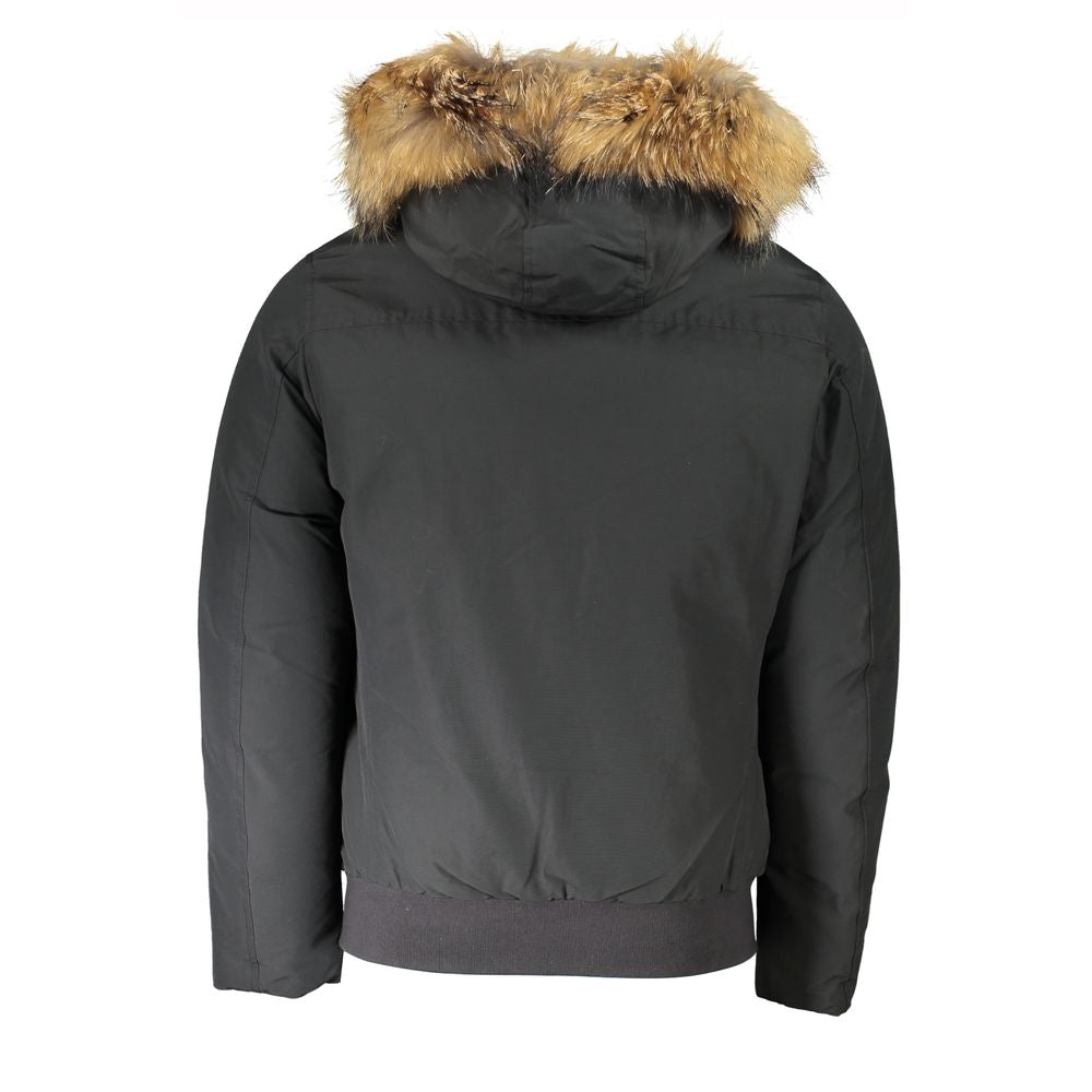 Gray Cotton Jacket with Hood and Removable Fur Trim