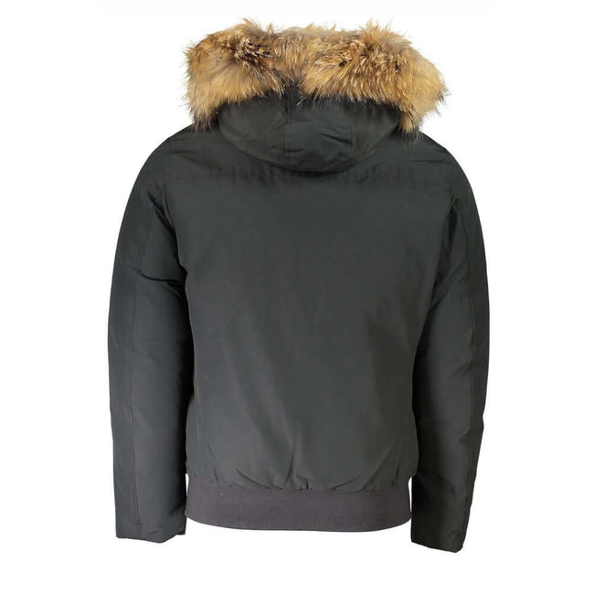 Gray Cotton Men Jacket with Hood and Removable FurElevate your outerwear collection with the Woolrich long-sleeved jacket, where luxury meets utility. Sporting a detachable fur-trimmed hood, this jacket is designed for the fashion-forward individual. Prac