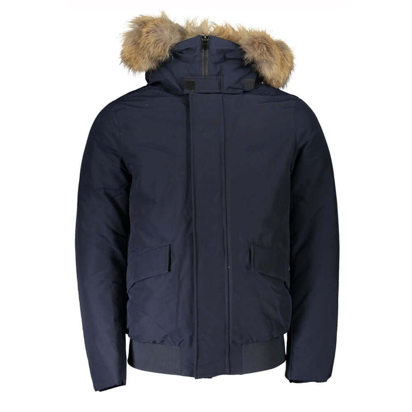 Blue Cotton Men's Jacket with Removable HoodElevate your outerwear game with this striking Woolrich long-sleeved jacket, tailored for the man who dares to stand out. A perfect marriage of funcationality and style, this jacket comes with a hood crowned by