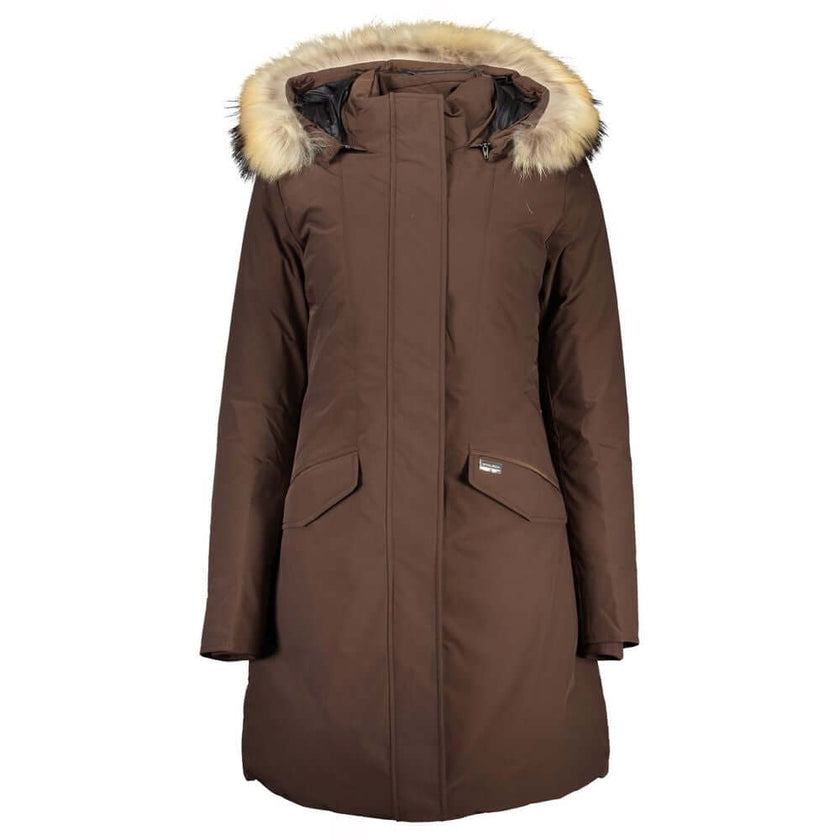 Brown Cotton Jackets & CoatLONG JACKET WITH LONG SLEEVES WITH HOOD AND REMOVABLE FUR, 2 POCKETS, ZIP AND BUTTONS, LOGOBrown Cotton Jackets & Coat${tagsWoolrichAulae Brown Cotton Jackets & Coat WoolrichAulae Brown Cotton Jackets & Coat LONG JACKET WITH LON