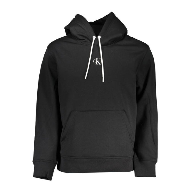 Black Polyester Men Sweater with HoodElevate your wardrobe with the Calvin Klein edge! This sleek, black hooded sweatshirt is more than just a cozy layer; it’s a statement of conscious style. Crafted with 50% recycled polyester, it combines comfort with s