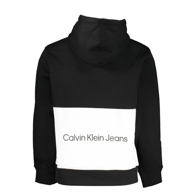 Black Polyester Men Sweater with HoodElevate your wardrobe with the Calvin Klein edge! This sleek, black hooded sweatshirt is more than just a cozy layer; it’s a statement of conscious style. Crafted with 50% recycled polyester, it combines comfort with s