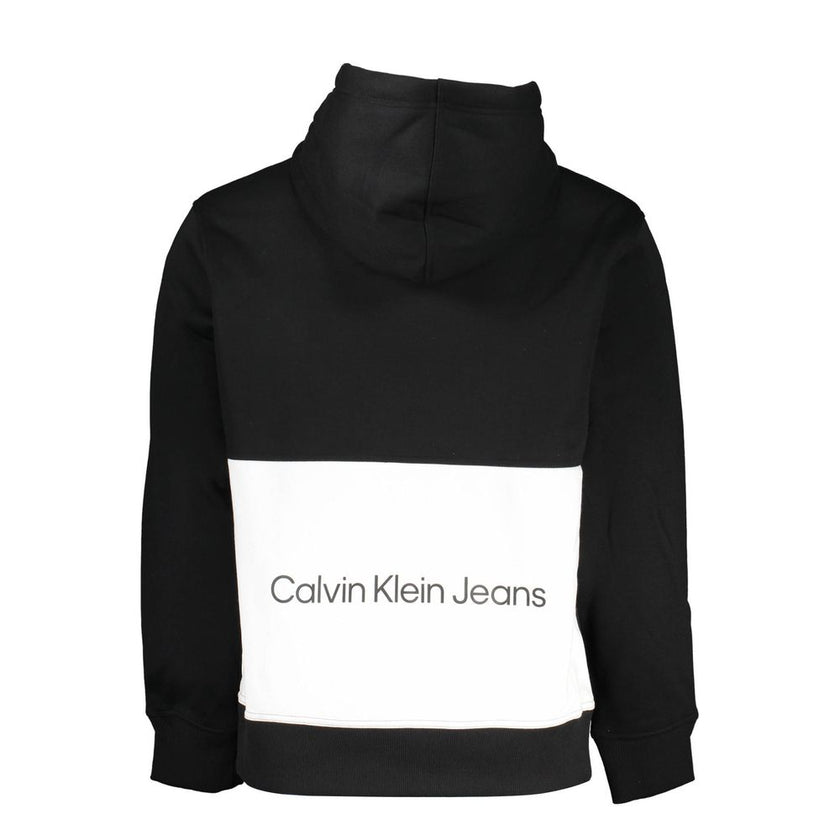 Black Polyester Men Sweater with HoodElevate your wardrobe with the Calvin Klein edge! This sleek, black hooded sweatshirt is more than just a cozy layer; it’s a statement of conscious style. Crafted with 50% recycled polyester, it combines comfort with s