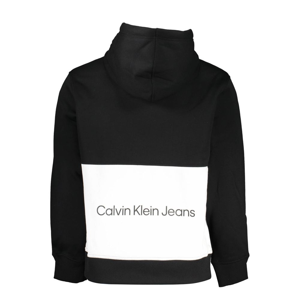 Black Polyester Men Sweater with HoodElevate your wardrobe with the Calvin Klein edge! This sleek, black hooded sweatshirt is more than just a cozy layer; it’s a statement of conscious style. Crafted with 50% recycled polyester, it combines comfort with s