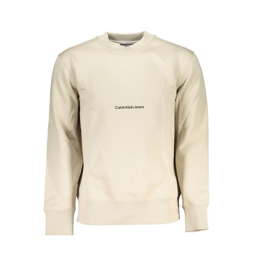 Beige Cotton Men SweaterStep into the epitome of sleek comfort with this Calvin Klein long-sleeve sweatshirt. Perfectly balancing coziness with style, its fleece-lined interior promises warmth on chilly days, while the iconic Calvin Klein embroidery logo
