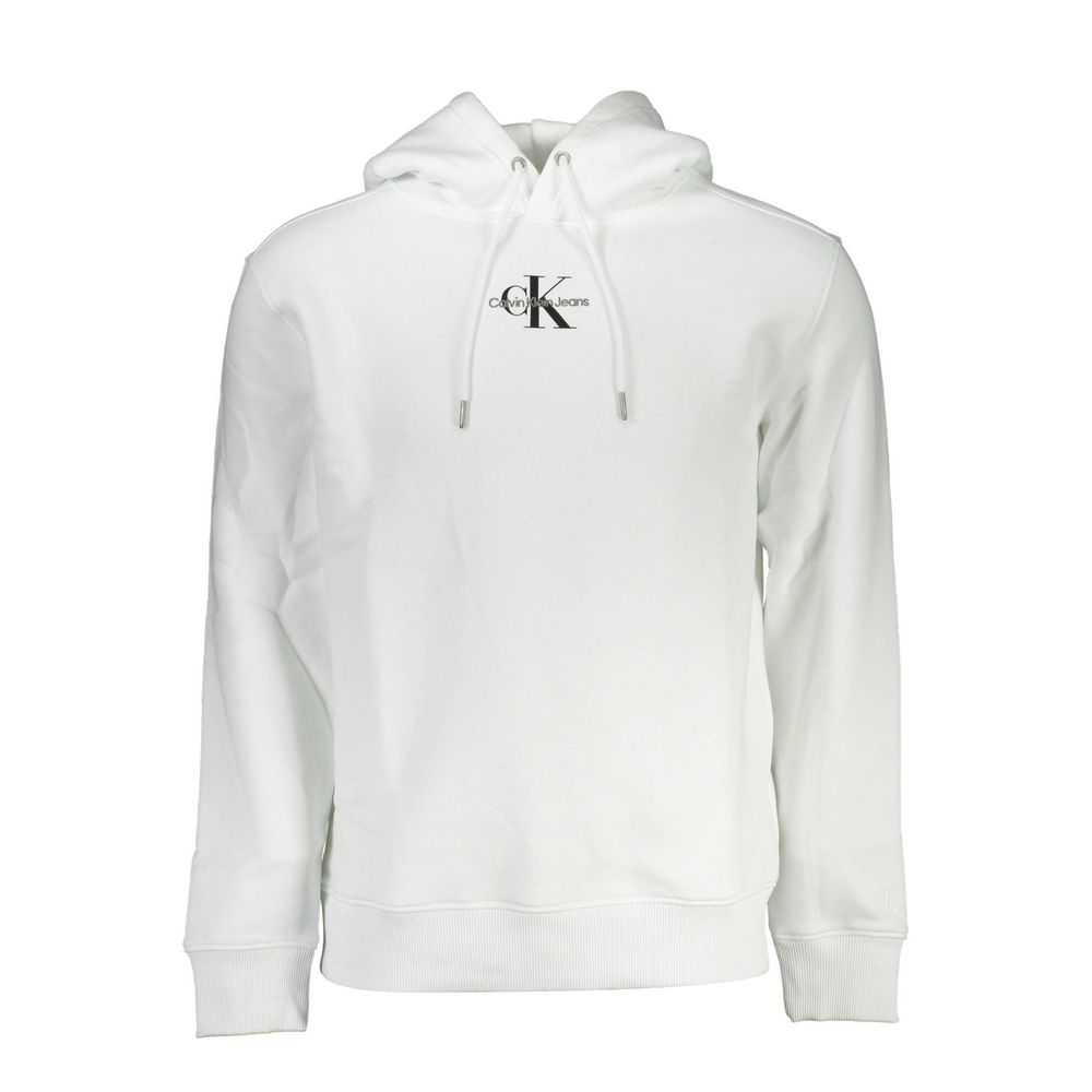 White Cotton Men's Sweater with HoodElevate your wardrobe with the timeless sophistication of Calvin Klein. This sleek, white hooded sweatshirt is more than a classic staple. It’s an ethical fashion statement, showcasing an impressive blend of comfort and