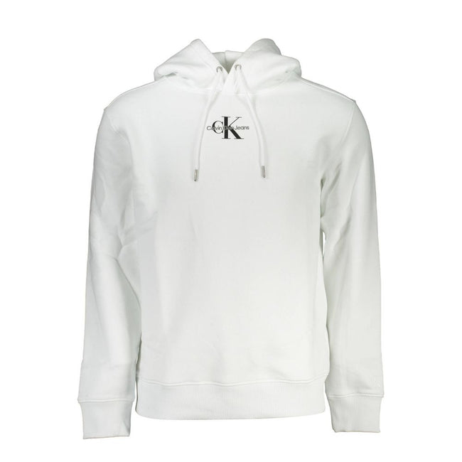 White Cotton Men's Sweater with HoodElevate your wardrobe with the timeless sophistication of Calvin Klein. This sleek, white hooded sweatshirt is more than a classic staple. It’s an ethical fashion statement, showcasing an impressive blend of comfort and
