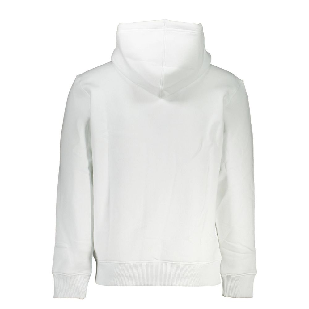 White Cotton Men's Sweater with HoodElevate your wardrobe with the timeless sophistication of Calvin Klein. This sleek, white hooded sweatshirt is more than a classic staple. It’s an ethical fashion statement, showcasing an impressive blend of comfort and