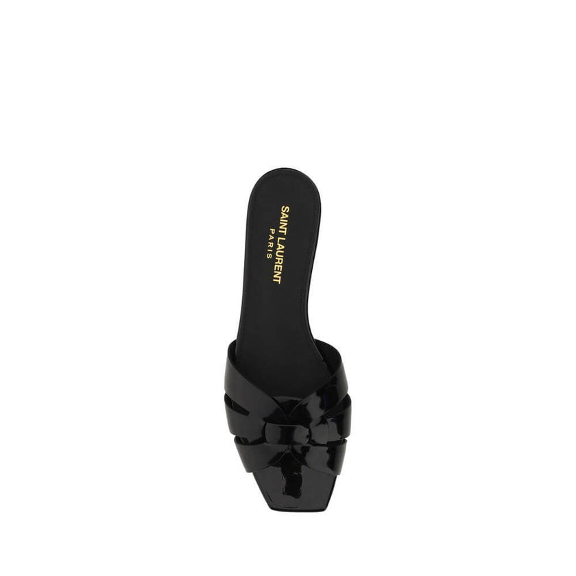 Black Calf Leather Bos Taurus Flat SandalsCalfskin Tribute Sandals by Saint Laurent, square toe, flat sole, woven on front, logoed insole. Season: AW25 Composition: SOLE 100% Calf Leather Bos Taurus UPPER 100% Calf Leather Bos Taurus MADE IN ITALYBlack Ca