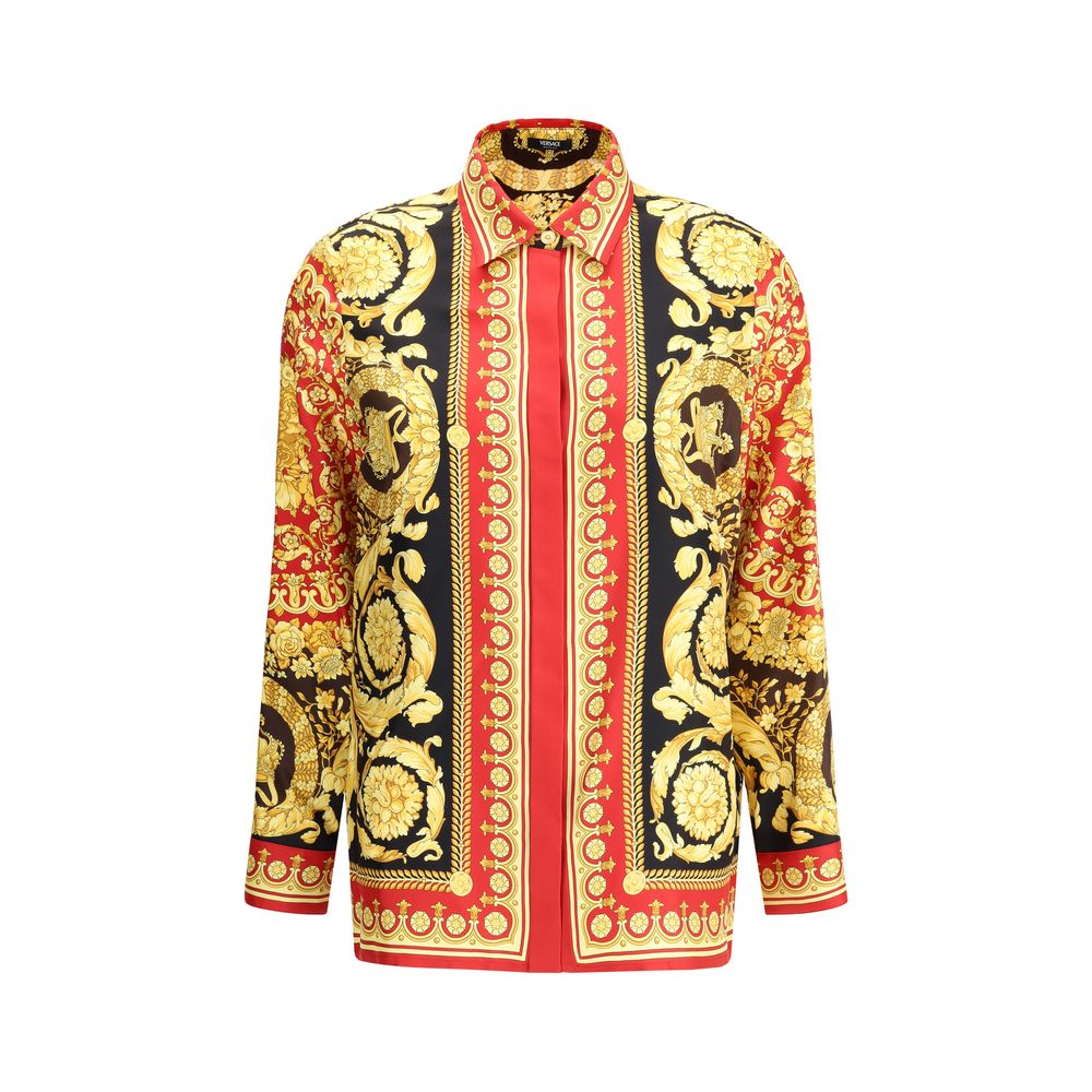 Multicolor Silk Pattern ShirtVersace’s Pure Silk Shirt is a luxury garment with distinctive character, embellished with the iconic Barocco print that decorates the entire surface. The short point collar and concealed button closure enhance the sophisticat
