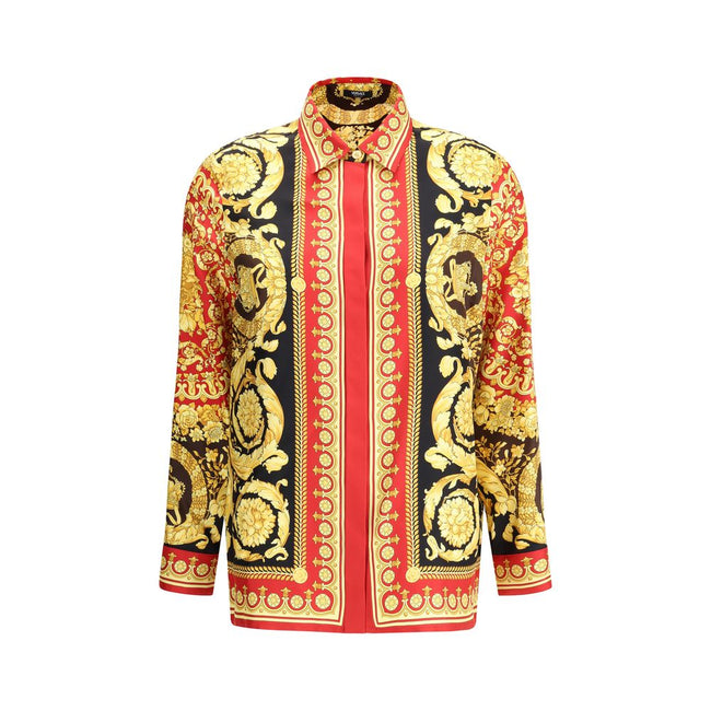 Multicolor Silk Pattern ShirtVersace’s Pure Silk Shirt is a luxury garment with distinctive character, embellished with the iconic Barocco print that decorates the entire surface. The short point collar and concealed button closure enhance the sophisticat