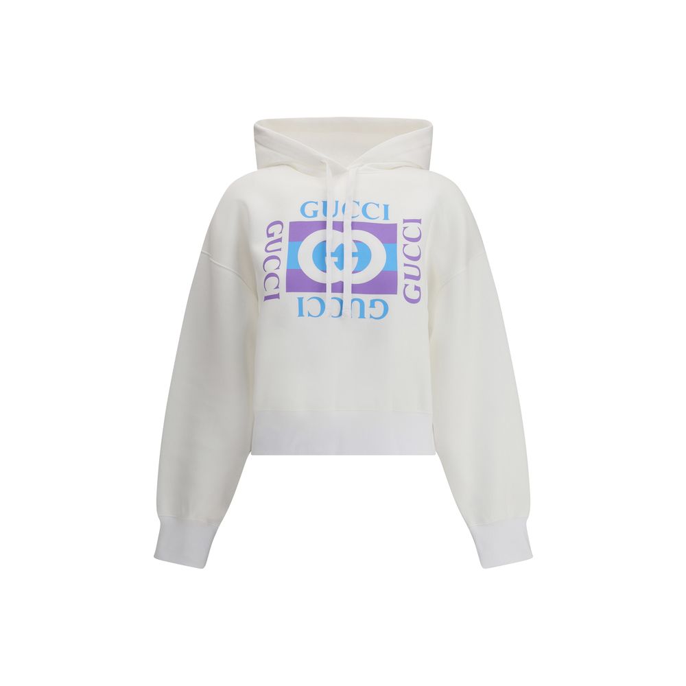White Cotton SweatshirtGucci’s Hoodie is made of lightweight doubled cotton jersey, perfect for everyday comfort without sacrificing style. It features a vintage logo print that gives a retro feel to the design. The fixed hood is adjustable with a drawstr