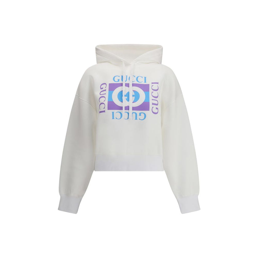White Cotton SweatshirtGucci’s Hoodie is made of lightweight doubled cotton jersey, perfect for everyday comfort without sacrificing style. It features a vintage logo print that gives a retro feel to the design. The fixed hood is adjustable with a drawstr