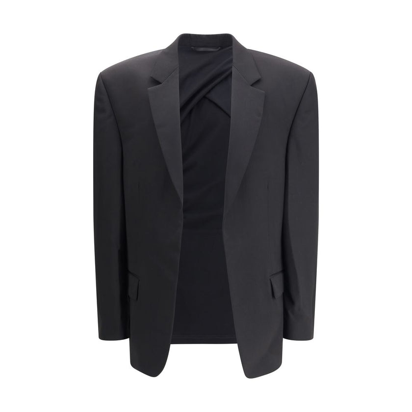 Black Wool ClothingBalenciaga’s deconstructed Blazer is a garment with a bold, contemporary style designed for those who like to dare with elegance. Unlined for a lighter, more casual effect, it features extended shoulders enhanced by internal straps that