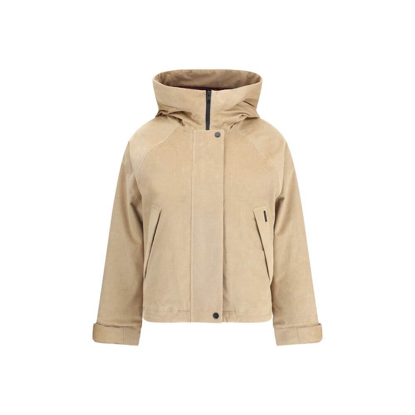 Beige Cotton ClothingWoolrich’s Corduroy Jacket combines comfort and functionality in an outdoor-inspired design. Equipped with a hood, it features a zipper front closure and snaps for added protection. Two buttoned welt side pockets offer practicality, w