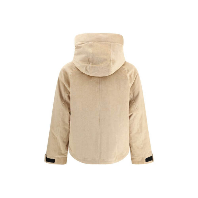 Beige Cotton ClothingWoolrich’s Corduroy Jacket combines comfort and functionality in an outdoor-inspired design. Equipped with a hood, it features a zipper front closure and snaps for added protection. Two buttoned welt side pockets offer practicality, w
