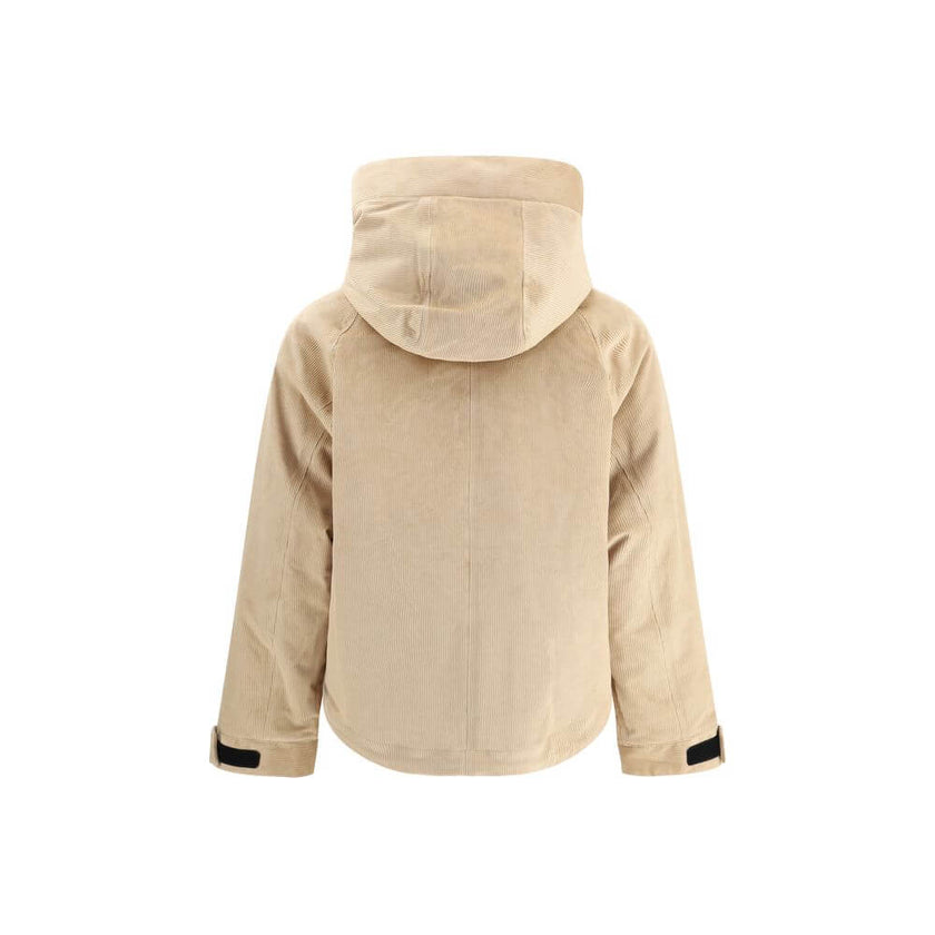 Beige Cotton ClothingWoolrich’s Corduroy Jacket combines comfort and functionality in an outdoor-inspired design. Equipped with a hood, it features a zipper front closure and snaps for added protection. Two buttoned welt side pockets offer practicality, w