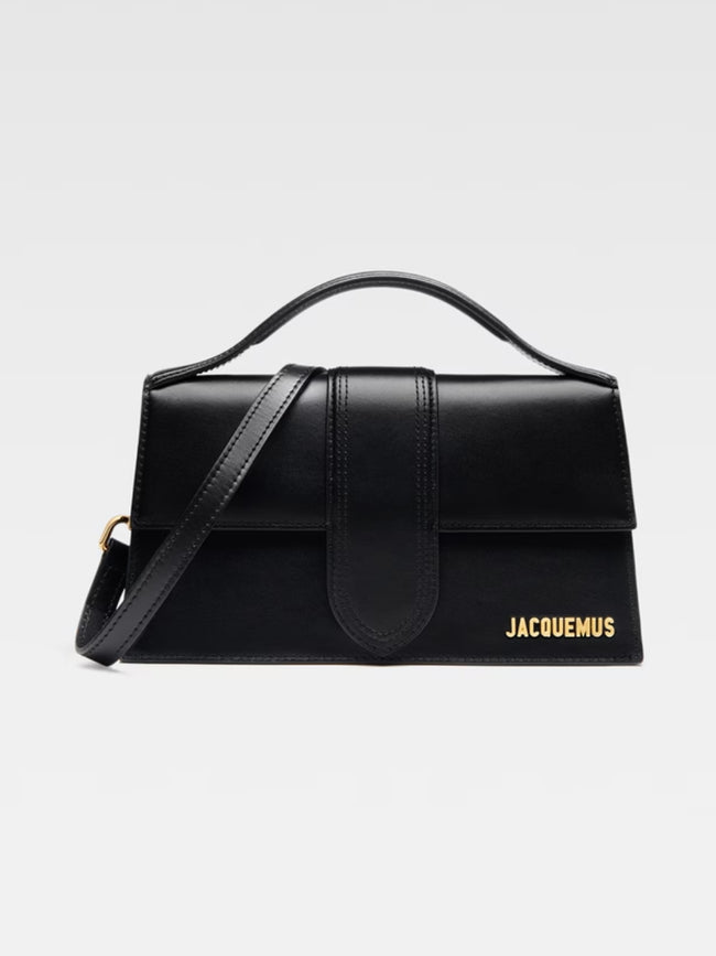 Le Grand Bambino Black BagJACQUEMUS Gorgeous brand new, 100% Authentic Jacquemus Le Grand Bambino BlackBag. Model: 213BA007-3000-990 Color: Black with Gold Hardware Material: Leather Bag with adjustable shoulder strap – Small handle – Removable shoulder s
