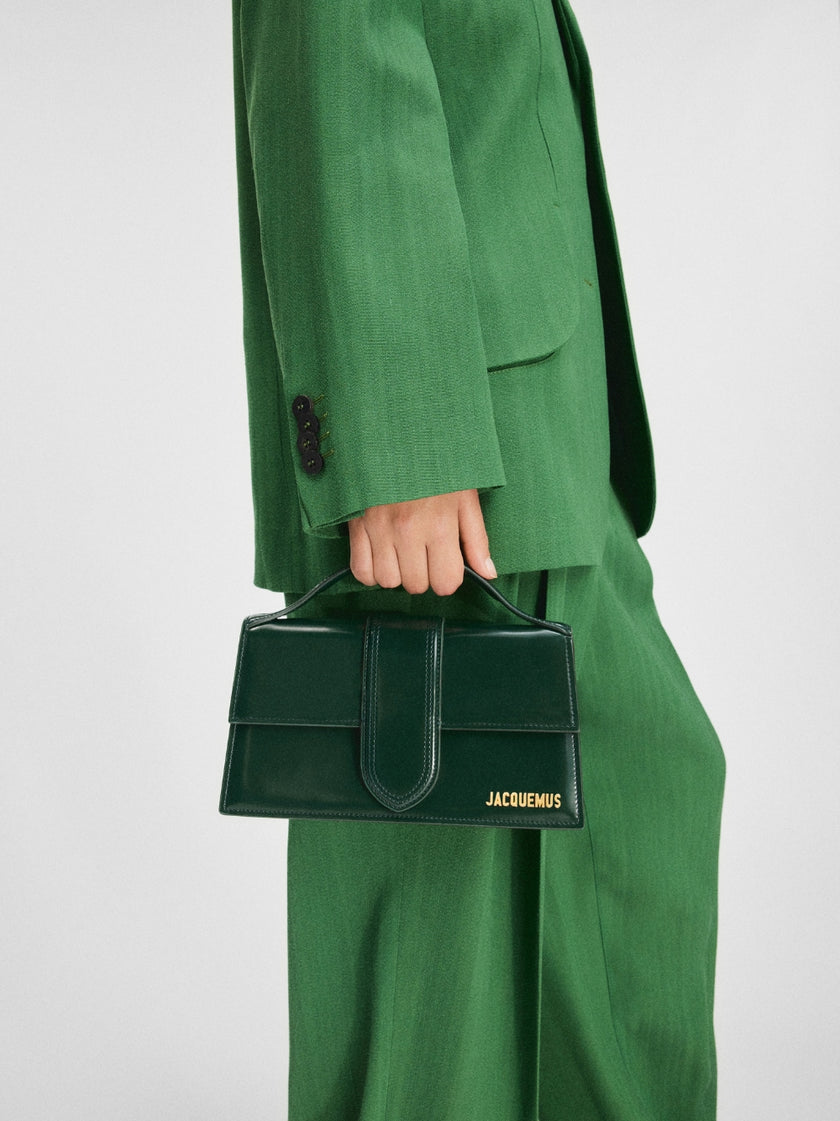 Le Grand Bambino Dark Green BagJACQUEMUS Gorgeous brand new, 100% Authentic Jacquemus Le Grand Bambino Drak Green Bag. Model: 213BA007-3128-590 Color: Dark Green with Gold Hardware Material: Leather Bag with adjustable shoulder strap – Small handle – Remo
