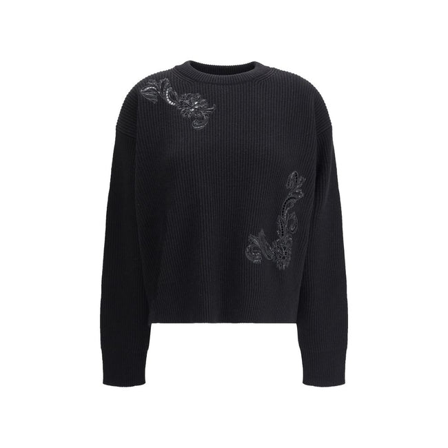 Black Fleece Wool SweatshirtVersace’s Barocco Leaf Embroidered Sweater is an elegant knitted wool top embellished with a refined Barocco Leaf motif thread embroidery, enriched with cut-outs and tone-on-tone micropaillettes. The design features a classic c