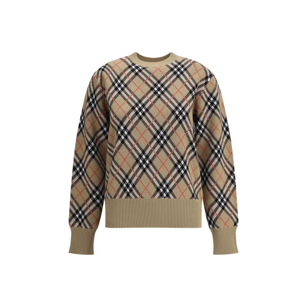 Beige Wool SweatshirtBurberry’s wool Sweater features a ribbed crew neck, cuffs and high hem also ribbed for comfort and fit. The garment features the brand’s iconic all-over Archivio Check pattern, a distinctive symbol of the brand, lending a classic and