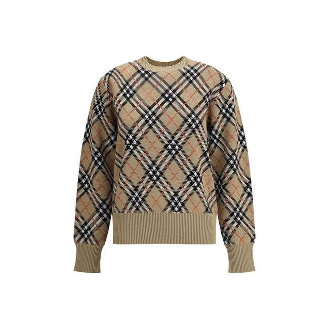 Beige Wool SweatshirtBurberry’s wool Sweater features a ribbed crew neck, cuffs and high hem also ribbed for comfort and fit. The garment features the brand’s iconic all-over Archivio Check pattern, a distinctive symbol of the brand, lending a classic and