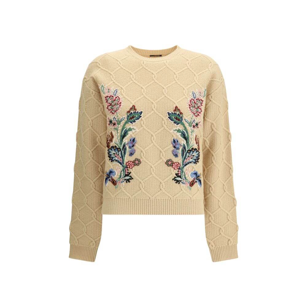 Beige Wool SweatshirtThe Etro Sweater combines comfort and sophistication with a distinctive touch. Crafted with a ribbed crew neck, hem and cuffs, it features a classic structure enhanced by floral embroidery sewn onto the front, which gives the garment