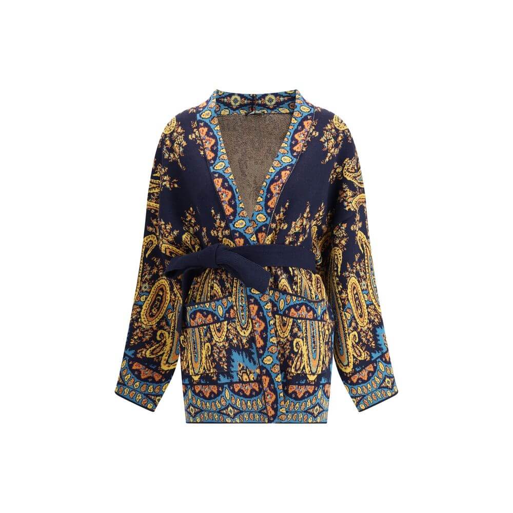 Multicolor Cotton CardiganThe Etro multicoloured Cardigan is a lively and enveloping piece, characterised by a richly coloured pattern that expresses the eclectic style of the brand. Equipped with two practical patch pockets on the front, it is completed