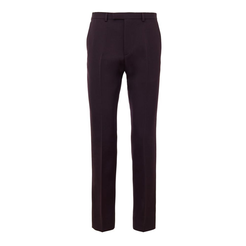Bordeaux Wool Dress PantsBordeaux Tailored Trousers with Gucci Logo Embroidery. In dark burgundy, opening with hook and covered zip, two side welt pockets, two back pockets. Tone-on-tone embroidered logo above back pocket, straight leg. Composition: 100%