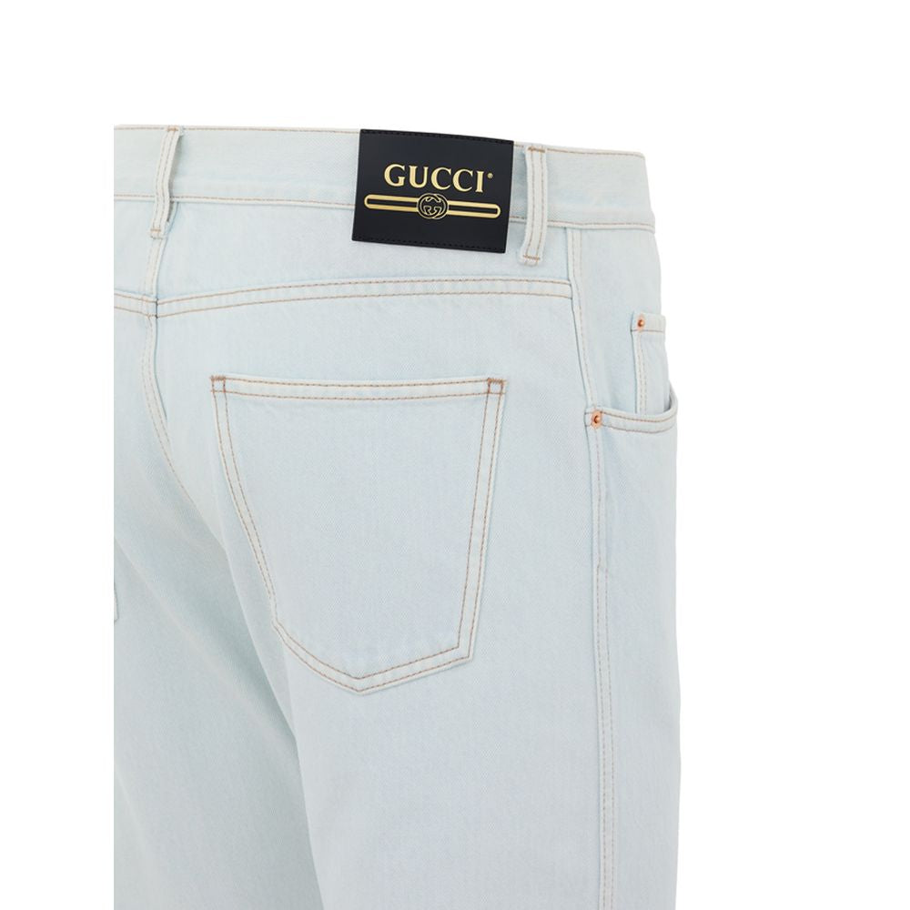 Light Blue Cotton Relaxed Fit Jeans with Leather Logo Tag
