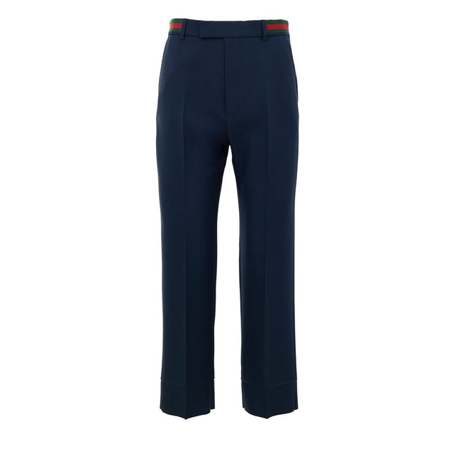 Blue Cotton Casual PantsBlue Tailored Trousers with Gucci Web Tape Detail. Opening with hook and covered zip, two side welt pockets, two back pockets closed with button, straight leg ankle length. At the waist web tape detail applied in green and red. Com