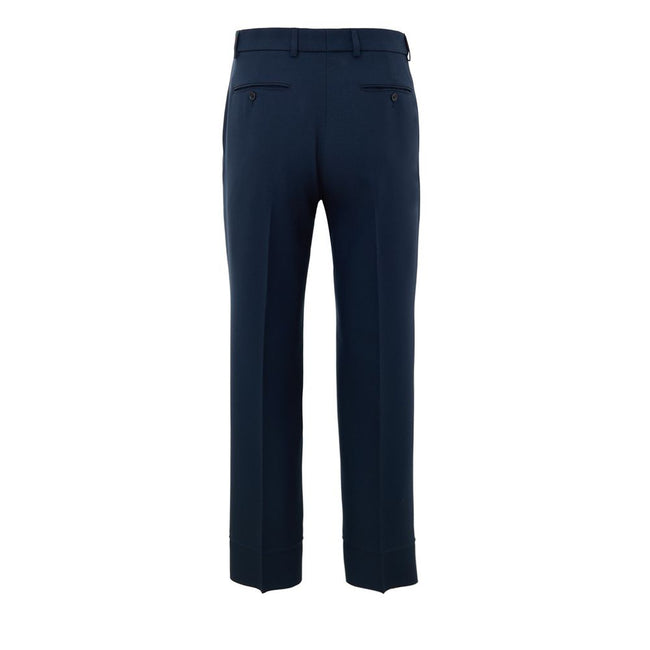 Blue Cotton Casual PantsBlue Tailored Trousers with Gucci Web Tape Detail. Opening with hook and covered zip, two side welt pockets, two back pockets closed with button, straight leg ankle length. At the waist web tape detail applied in green and red. Com