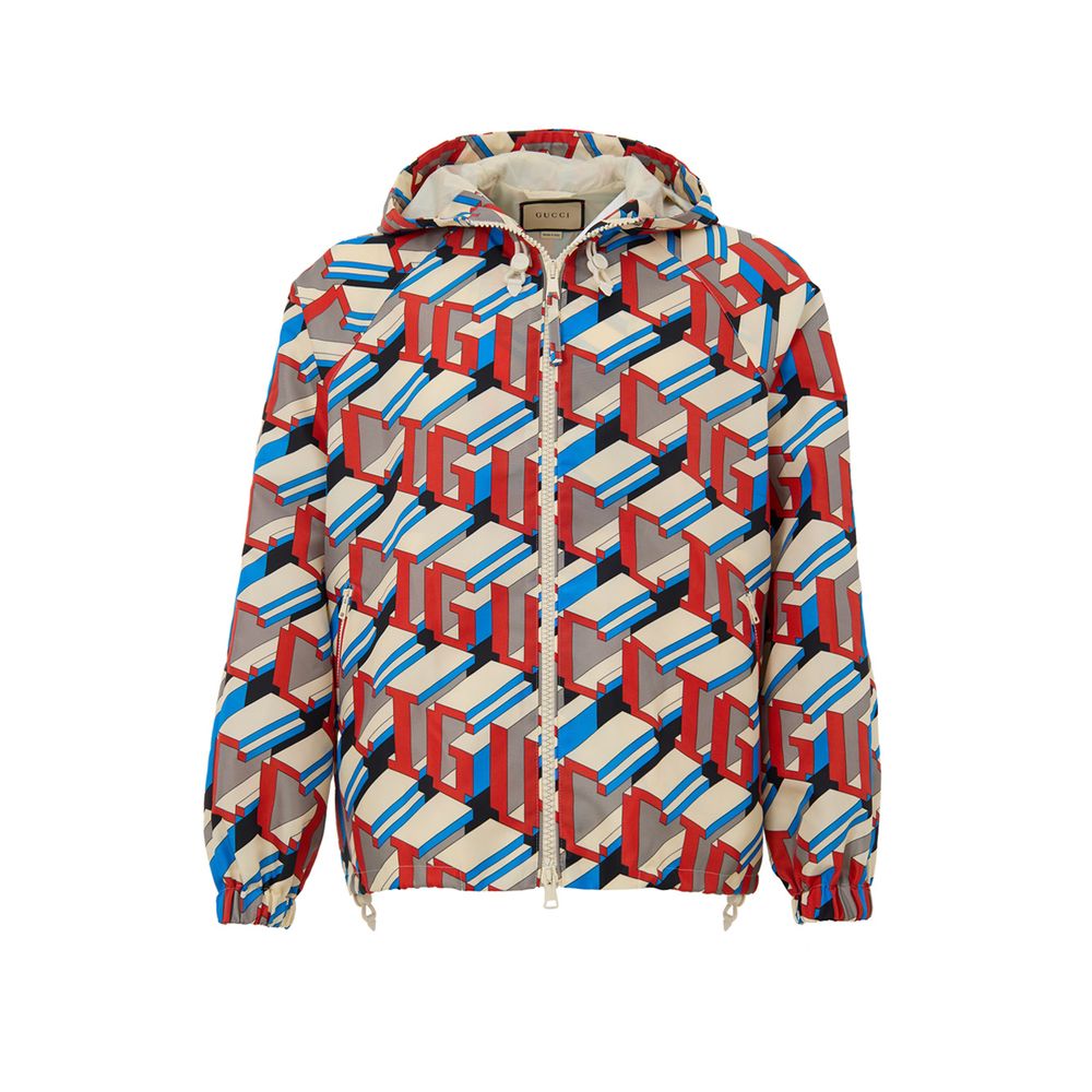 Multicolor Polyamide Shell JacketNylon Jacket with Multicolor Geometric Print Gucci. In red, blue and ivory, front fastening with white zip, two side pockets closed with zip, adjustable hood with pullers, adjustable elastic waist, internal lining Composit
