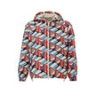 Multicolor Polyamide Shell JacketNylon Jacket with Multicolor Geometric Print Gucci. In red, blue and ivory, front fastening with white zip, two side pockets closed with zip, adjustable hood with pullers, adjustable elastic waist, internal lining Composit