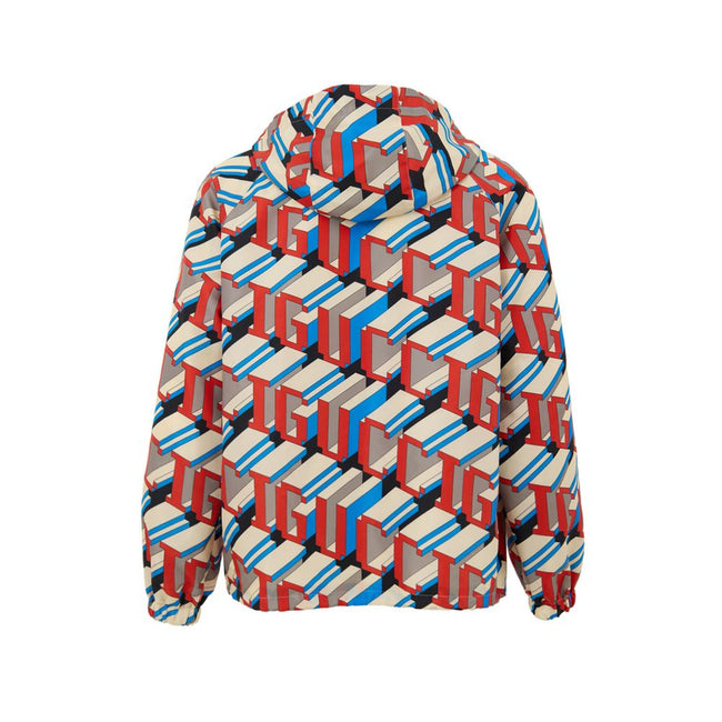 Multicolor Polyamide Shell JacketNylon Jacket with Multicolor Geometric Print Gucci. In red, blue and ivory, front fastening with white zip, two side pockets closed with zip, adjustable hood with pullers, adjustable elastic waist, internal lining Composit