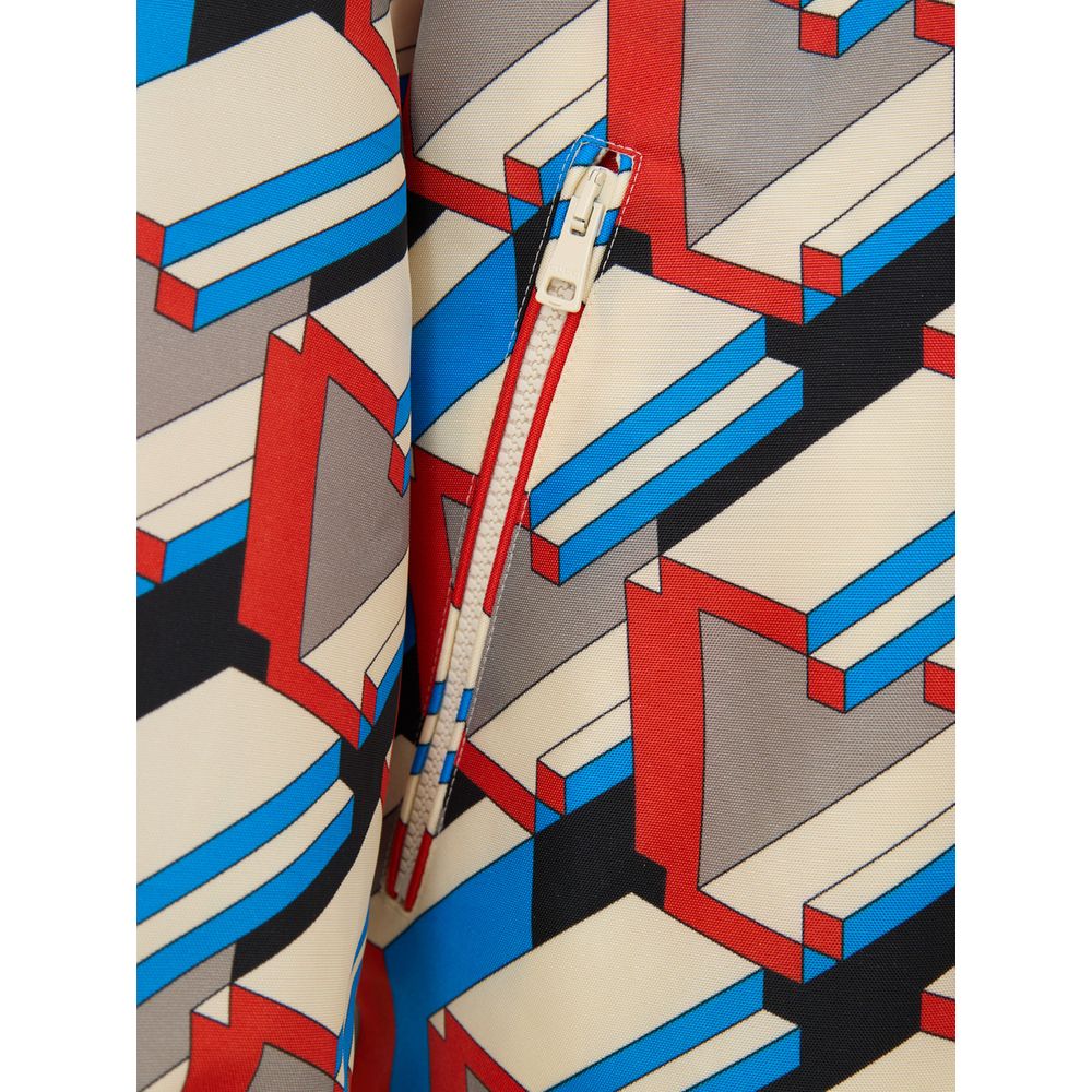 Multicolor Polyamide Shell JacketNylon Jacket with Multicolor Geometric Print Gucci. In red, blue and ivory, front fastening with white zip, two side pockets closed with zip, adjustable hood with pullers, adjustable elastic waist, internal lining Composit