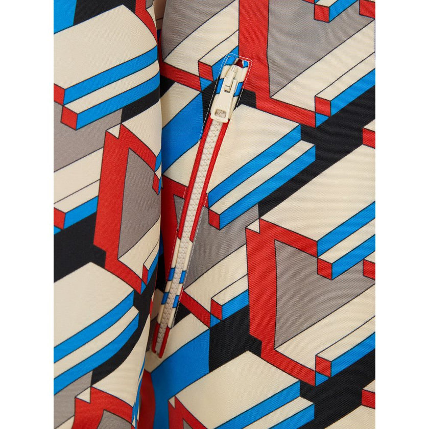 Multicolor Polyamide Shell JacketNylon Jacket with Multicolor Geometric Print Gucci. In red, blue and ivory, front fastening with white zip, two side pockets closed with zip, adjustable hood with pullers, adjustable elastic waist, internal lining Composit