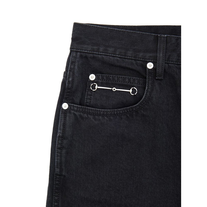 Black Cotton Relaxed Fit JeansGucci Relaxed Fit Black Denim Pants. In black, button and covered zip opening, five pockets, wide and straight leg. On the back tag in light leather with tone-on-tone embossed logo, on the front pocket iconic metal detail. Co