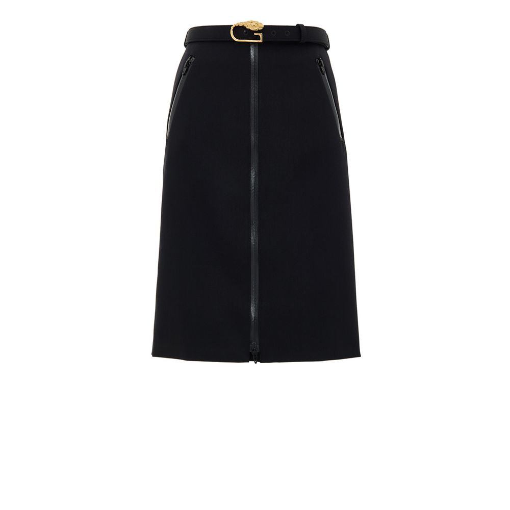 Black Wool Midi SkirtBlack Skirt with Zip and Gucci Belt. Removable fabric belt with gold logo buckle at the waist. Long central zip with latex detail, two pockets on the sides with visible zip. Medium length model, slightly flared, stretch fabric. Compos