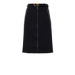 Black Wool Midi SkirtBlack Skirt with Zip and Gucci Belt. Removable fabric belt with gold logo buckle at the waist. Long central zip with latex detail, two pockets on the sides with visible zip. Medium length model, slightly flared, stretch fabric. Compos